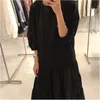 Wiosna damska krata latarnia rękawa środkowa cielęca O-neck luźna vestidos kobiety Korea leniwa plisowana sukienka FS881 210427