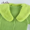 Artsu Ribbed Knitted Cardigans Sweaters With Fur Trim Collar Long Sleeve Slim Autumn Winter Jumpers Women Knitwear Chic 4 210918