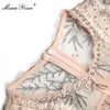 ファッション滑走路ドレス夏の女性のドレス半袖ビーズメッシュ刺繍スリムドレス210524