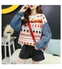 H.Sa Kobiety Zima Retro Pulower Dżinsy Patchwork Sweter Choinki Sweter i Pull Sumpers Casual Print Setet 210417