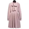 Winter Women Pink Bow Tie Collar Sweater Dresses Plus Size Mini Knitted Female Pullover Pleated Dress Vestidos XXXL 210416
