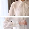 Koreanska Kvinnor Blus Vit S För Chiffon Toppar Kvinna Petal Sleeve Lace Shirts Bow Tie 210604