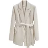 Vår Höst Office Lady Now-down Collar Tie Up Blazer Kvinnor Elegant Sash Jacket Fashion Slim med Bel 210430