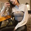 Women Casual Ultrashort Front Streetwear Solid Crop Chic Pullover Basic O-Neck With Button Spring Autumn Stacking Top 210521