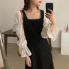 Autunno donna abito vintage manica a sbuffo patch vita alta sottile elegante colore di successo maxi abiti di moda coreani 210519