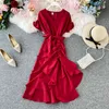 Elegant Kvinnor Söt Bandage Klänning Chic Slim High Waist Koreanska Klänningar Ruffles Ol Summer V Neck Vestidos Solid 210519