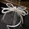 Headpieces Franse elegante retro haarband luxe parel satijn boog sluier hoofdband bruids hoofdtooi bruiloft haaraccessoires