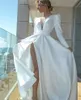 Soft Satin V Neck Wedding Dress 2022 Long Sleeves A-Line Side Slit Button Vintage Bride Gowns Custom Made Vestido De Noiva Mariage