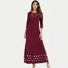 Moda Autunno Primavera Cotone Mezza manica Abito da donna Vintage A Line Solid Scava Fuori Vino rosso O Collo Abiti lunghi 12433 210508