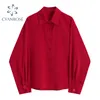 Red Blouses Spring Party Women Fashion Shirt Tops Single Breasted Vintage Lantern Long Sleeve Blusas Cardigan Lapel Loose Female 210417