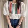 Elegancki Koronkowy Kwiat Haft Bluzka Kobiety Krótki Rękaw Boho Topy Lato Koreański Chic Blusas Koszula FEMME 210519