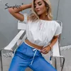 Okrągły Neck Lace Up Elastyczna Tshirt Moda Bubble Rękawy Lato Crop Top Podstawowy Pure Kolor Causal T Shirt Kobieta 210414