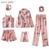 JULY'S SONG Mode Frauen Pyjamas Set 7 Stück Streifen Faux Seide Druck Nachtwäsche Frau Anzug Frühling Sommer Herbst Homewear 210713