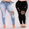 Toppa leopardata con foro da donna Jeans a matita di grandi dimensioni Streetwear Patchwork skinny alla caviglia invecchiato