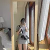 Womengaga Корея лето мини-платья круглые шеи с коротким рукавом стремянки высокая талия поддельных платьев футболки qeq2 210603