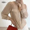 Vintage Puff manga Stand Collar Corea Casual otoño moda blusa de un solo pecho mujeres bolsillos finos camisa sólida Tops 12365 210521