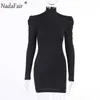 Nadafair Puff Sleeve Woman Dress Sexy Party 2021 Spring Geribbelde Black Turtleneck Lange Mouw Bodycon Mini Dress Y1006