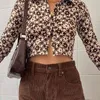 Brązowy Kwiatowy Z Długim Rękawem Cardigan Kobiet Koszula Wiosna Moda Bluzki Vintage Turn Down Collar Slim Crop Tops Kobieta 210415