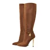 Womens Pointed Toe Brown Suede Lock decoration Side Zip Knee High Boots Side Zip Stiletto Metal heel Long Boots