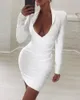 Vestidos casuales 2021 otoño blanco bodycon mini vestido mujer moda elegante sólido manga larga caída ruchada v cuello sexy fiesta