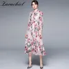 Sommer Landebahn Strand Boho Chiffon Frauen Bogen Kragen Rosa Rose Blumen Gedruckt Elegante Urlaub Party Plissee Midi Kleid 210416