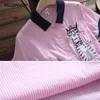 Özel Teklif Japon Mori Kız Kadın Elbise Çizgili Kedi Nakış Gömlek Elbise Kısa Kollu Zarif Sevimli Kawaii Vestidos 210520