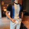 En Kaliteli Kontrast Renkler Örme Erkekler T-Shirt Kısa Kollu Moda O-Boyun Slim Fit Rahat Tee Gömlek Homme Artı Boyutu 4XL-M 210706