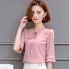 Zomer Chiffon Shirt Dames Solid Office Dame Korte Mouw Wit Roze Pullover Blouse Crop Top Blusas Mujer 9534 210508