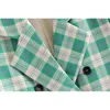 Vintage Femmes Vert Plaid Blazer Vestes Printemps-Automne Mode Dames Col Encoché Casual Femme Manteaux Filles Chic 210427