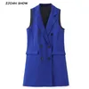 Chic Şık Mavi Kruvaze Düğme Kadınlar Kolsuz Blazer Yelek Çift Cepler Orta Uzun Takım Elbise Ceket 210429