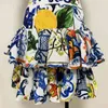 Najwyższa jakość EST Stylowy garnitur zestaw damski spaghetti pasek Camis Top Gorgeous Floral Print Ruffle Spódnica Odzież 210521
