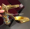 Cor ouro strass saltos chunky senhora sandálias jóias altas bombas mulheres de cristal fivela sapatos de casamento mujer festa sapato vestido