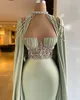 ASO EBI 2022 Arabische Prom Formele Jurken met Lange Cape Mint Sage Beaded Plooited Vlek Sweetheart Celebrity Avondjurk Draag