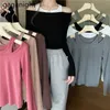 Solid Basic Long Sleeve Kvinnor Tshirt Casual Svart Vit Slim Pullovers Tops Fake Two Pieces Ladies Tee Shirts 210601