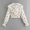 Vuwwyv vit blommig print ruffle kvinna blouses sommar chic retro crop topp kvinnor långärmad avslappnad smock elastisk ben 210430