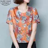 Round Collar Plus Size Silk Shirts Women Short Sleeve Vintage Floral Print Blouse Loose Womens Tops and Blouses 9066 50 210417