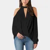 Wit elegant off shoulder halter vrouwen shirt holle lantaarn lange mouw zwarte zomer blouses vrouwelijke losse casual kleding 210507