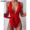 INGAGA Sexy traje de baño de corte alto traje de baño de mujer de vendaje cruzado ropa de playa de verano sin espalda traje de baño 210630