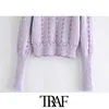 TRAF Women Fashion With Metallic Thread Cropped Knitted Sweater Vintage High Neck Long Sleeve Female Pullovers Chic Top 210415