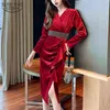 French Style Dress Temperament Red Bright Velvet Female Autumn and Winter Thin Ruffled Women with Belt 12556 210508