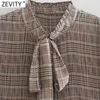 Zevity Women Vintage Bow Tied Stand Collar Plaid Print Pleated Kimono Skjortor Retro Lady Blouse Roupas Chic Femininas Tops LS7395 210603