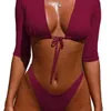 Badmode Badpakken 3/4 Mouw Tie Front Hoge Taille Thong Bikini Set Hoge Been Tweedelige Push Up Swimming Pak voor Dames X0522