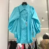 Frauen Blau Casual Große Größe Alle Spiel Bluse Revers Lange Ärmel Lose Fledermaus Shirt Mode Frühling Sommer 2F0594 210510