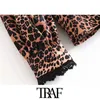 Traf Women Fashion With Lace Leopard Print Blouses Vintage lange mouw button-up vrouwelijke shirts blusas chic tops 210415
