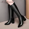 Winter Knee High Boots Women Natural Genuine Leather Thick Heel Long Zipper Pointed Toe Shoes Lady Fall 33-43 210517