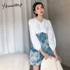 Yitimuceng Białe Mini Sukienki Kobiety Koreański Wiosna Z Długim Rękawem A-Line High Waist Patchwork Moda Odzież Office Lady 210601