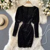 Koreansk höst vinter modepaket höft mini klänning kvinnor långärmad v-hals vik smal polka dot sammet vestidos Q187 210527
