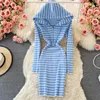 Casual Dresses Hooded Striped Knitted Dress Women Autumn 2022 Fashion Tight Elastic Bag Hip Midi Sweatshirt Clothes