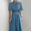 Korea Chic Fashion Casual Lapel Single Breasted High Waist Short Washed Sleeve Blue Denim Dress Women Summer 16W1395 210510