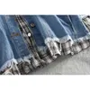 Women Denim Jacket Blue Loose Oversize Plaid Shirt Patchwork Turn Down Collar C0279 210514